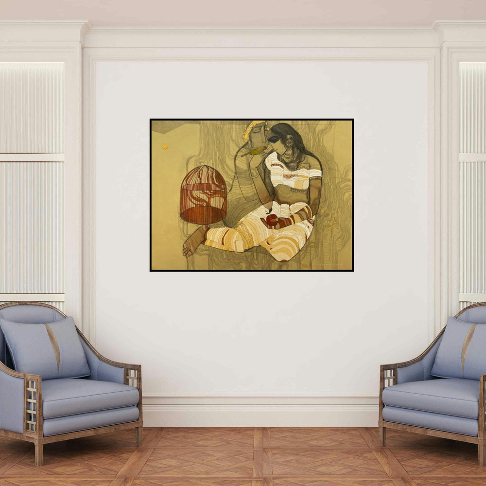 'Village 15' painting by Siddharth Shingade shown on a wall in a furnished room.