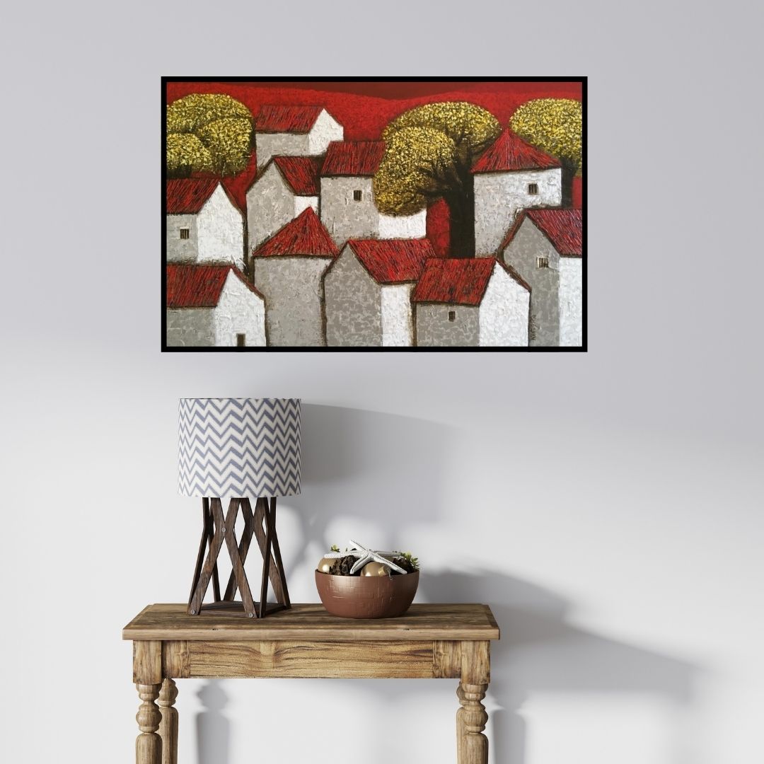 In-situ view of Nagesh Ghodke's 'Village 15' painting in a room