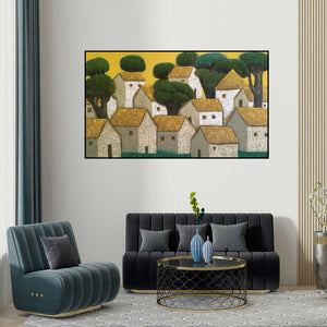 Nagesh Ghodke's 'Village 16' painting visualized above a sofa in a contemporary room.