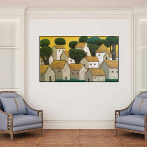'Village 16' painting by Nagesh Ghodke shown on a wall in a furnished room.