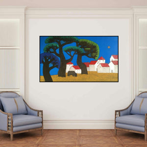 'Village 18' painting by Nagesh Ghodke shown on a wall in a furnished room.