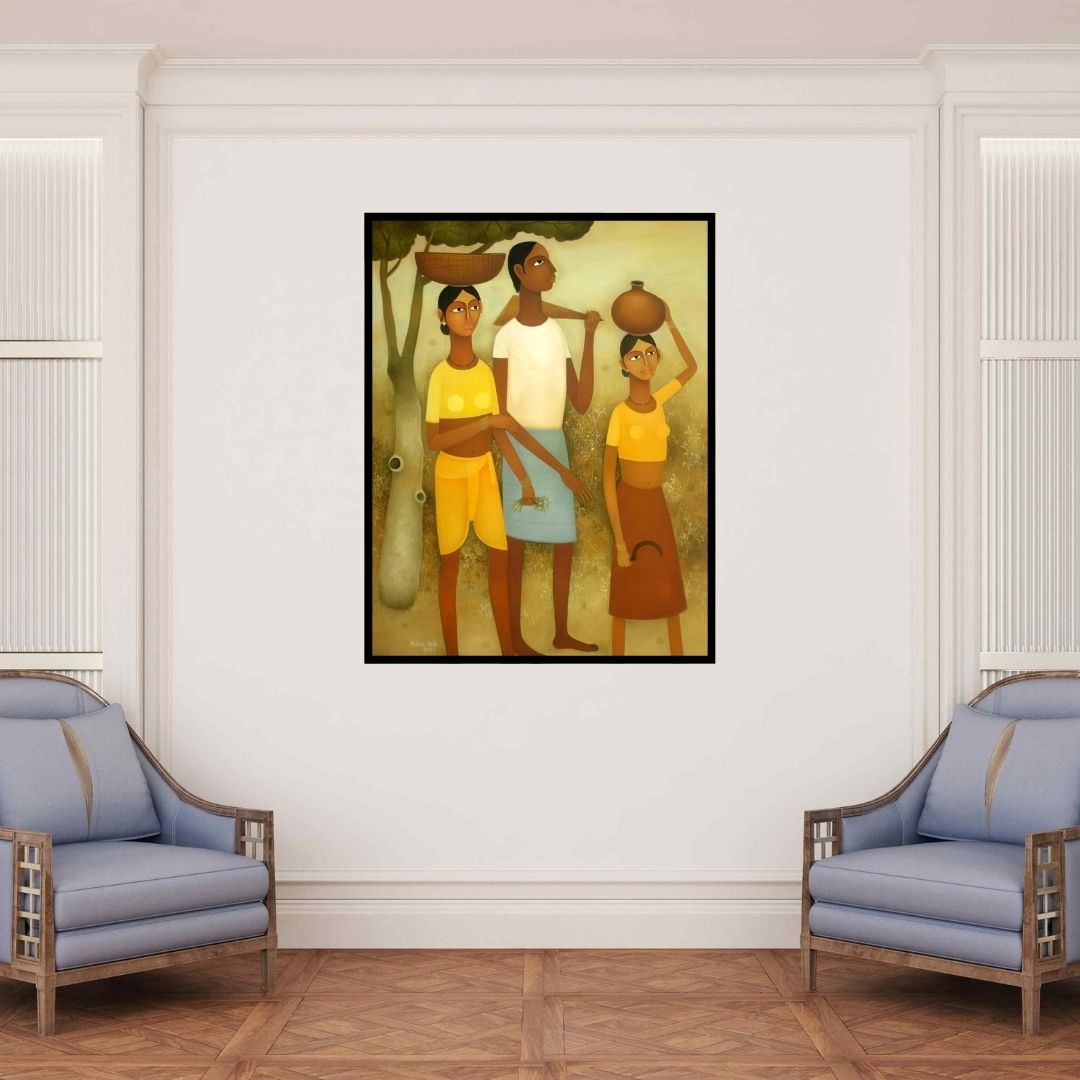 In-situ view of Mohan Naik's 'Village 2 (Joyful Moments)' painting in a room