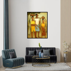 Preview of 'Village 2 (Joyful Moments)' Painting by Mohan Naik shown on a wall in a furnished room.