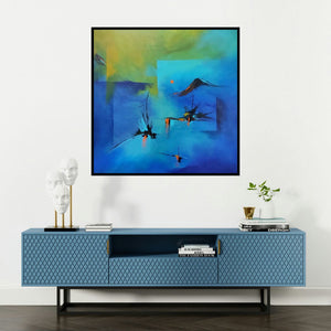 'Village (Twilight Hues)' painting by Sanjay Dhawale shown on a wall in a furnished room.