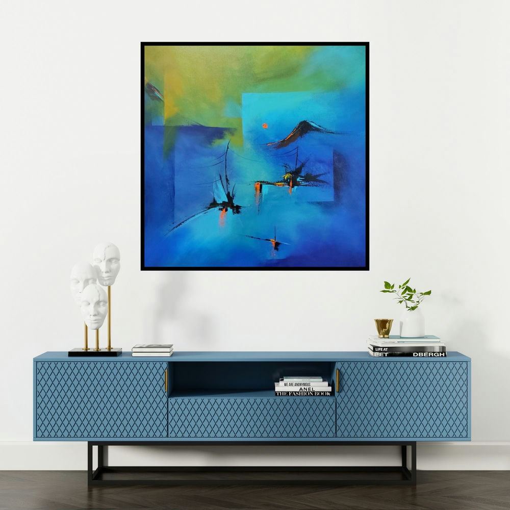 'Village (Twilight Hues)' painting by Sanjay Dhawale shown on a wall in a furnished room.