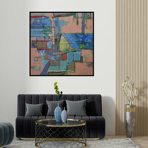 Sameer Dixit's 'Village (Cityscape Reimagined)' painting visualized above a sofa in a contemporary room.