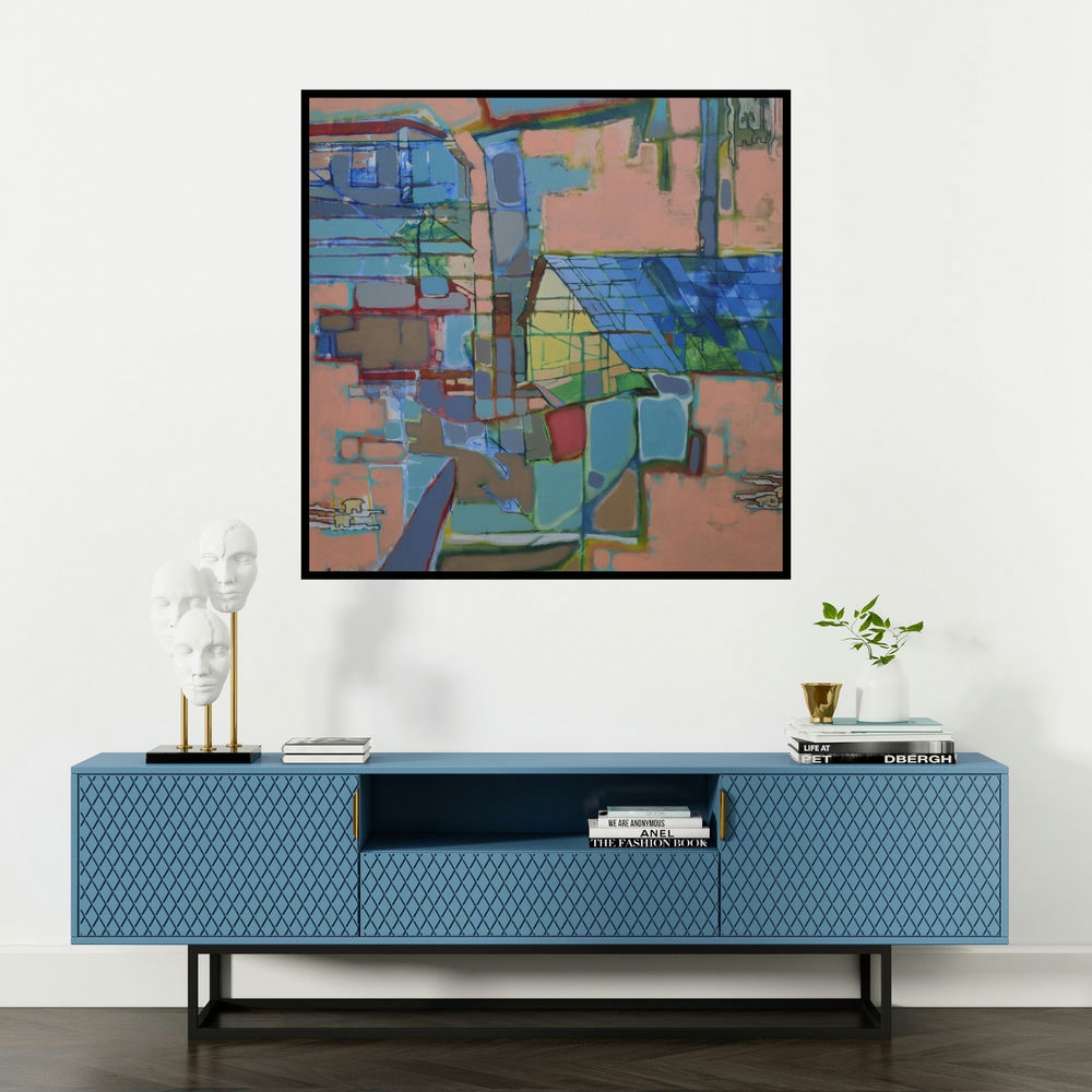 'Village (Cityscape Reimagined)' painting by Sameer Dixit shown on a wall in a furnished room.