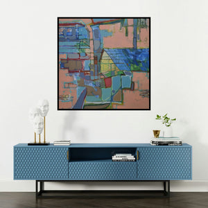 'Village (Cityscape Reimagined)' painting by Sameer Dixit shown on a wall in a furnished room.