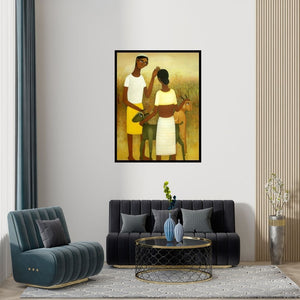 Preview of 'Village' Painting by Mohan Naik shown on a wall in a furnished room.