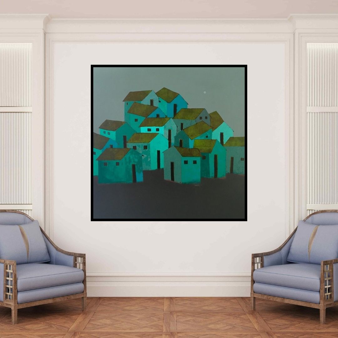 In-situ view of Nagesh Ghodke's 'Village 3' painting in a room