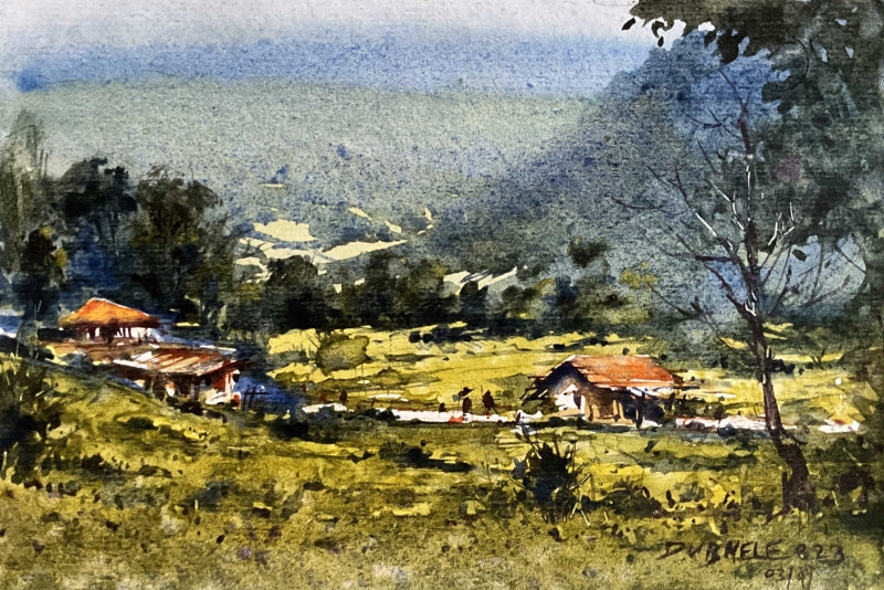 Village 3' landscape watercolor painting by artist Amol Dubhele, 12x14 inch, on paper