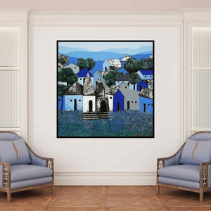 In-situ view of Nagesh Ghodke's 'Village 4' painting in a room