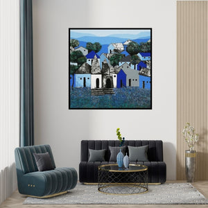 Preview of 'Village 4' Painting by Nagesh Ghodke shown on a wall in a furnished room.