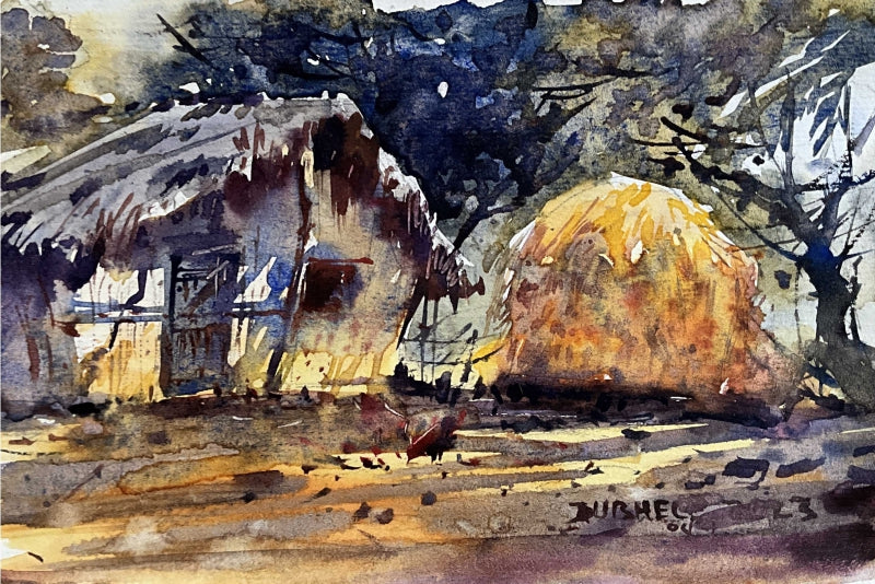 Village 4' landscape watercolor painting by artist Amol Dubhele, 12x14 inch, on paper
