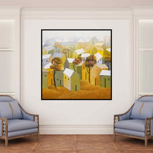 In-situ view of Nagesh Ghodke's 'Village 5' painting in a room