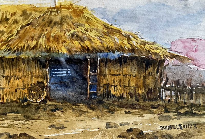 Village 5' landscape watercolor painting by artist Amol Dubhele, 4x6 inch, on paper