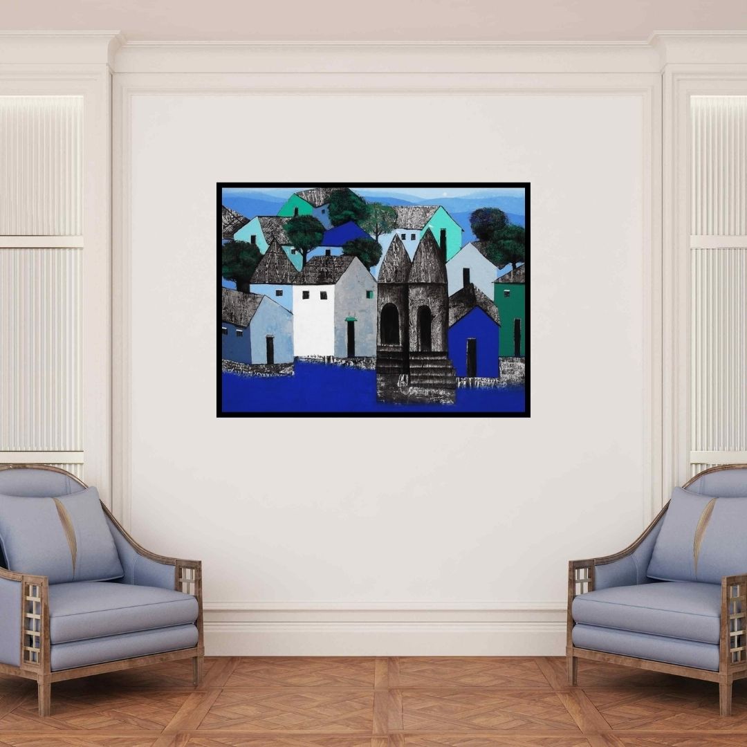 In-situ view of Nagesh Ghodke's 'Village' painting in a room