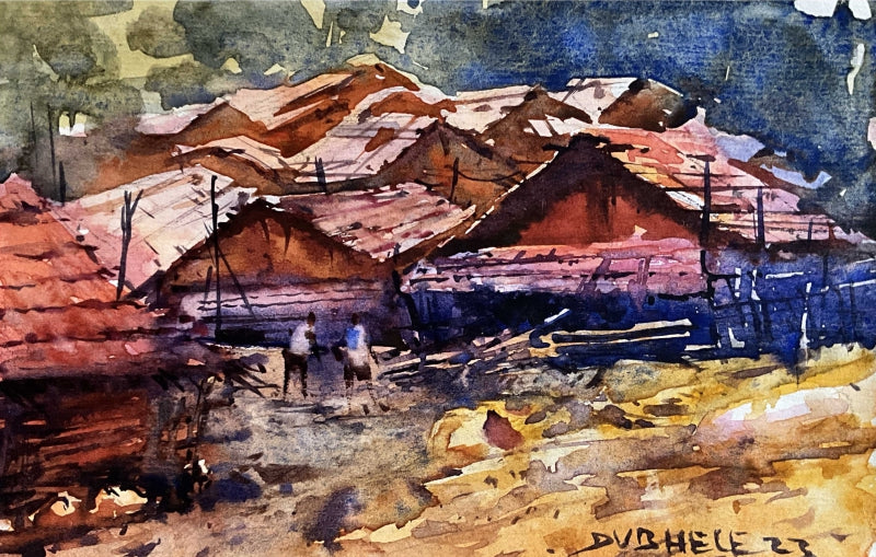 Village 6' landscape watercolor painting by artist Amol Dubhele, 12x14 inch, on paper
