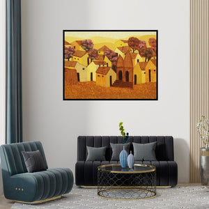 Preview of 'Village' Painting by Nagesh Ghodke shown on a wall in a furnished room.