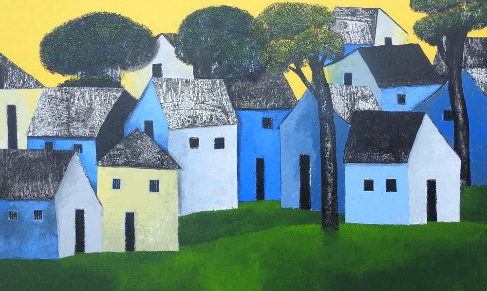 Cityscape acrylic painting titled 'Village 67', 36x60 inches, by artist Nagesh Ghodke on Canvas