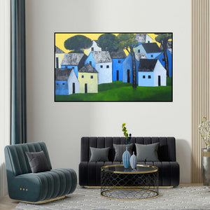 Nagesh Ghodke's 'Village 67' painting visualized above a sofa in a contemporary room.