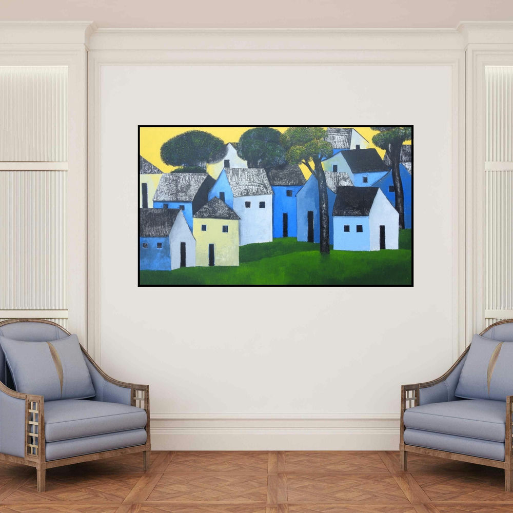 'Village 67' painting by Nagesh Ghodke shown on a wall in a furnished room.