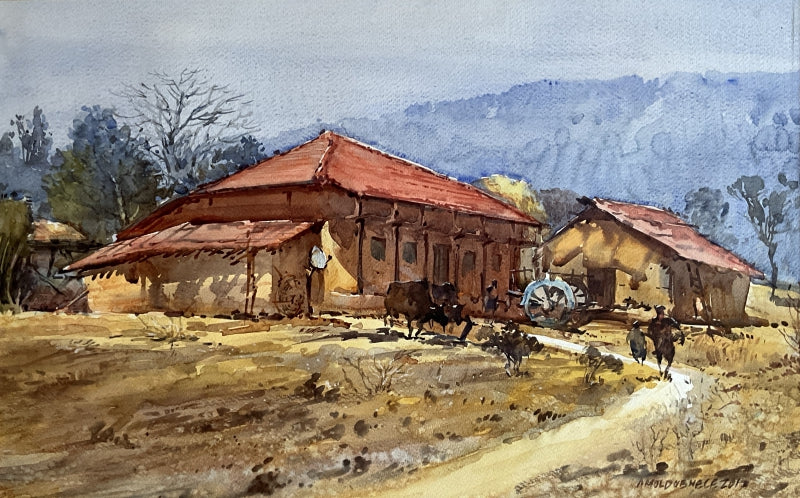 Village 7' landscape watercolor painting by artist Amol Dubhele, 15x22 inch, on paper