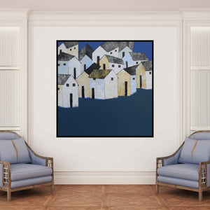 In-situ view of Nagesh Ghodke's 'Village 7' painting in a room