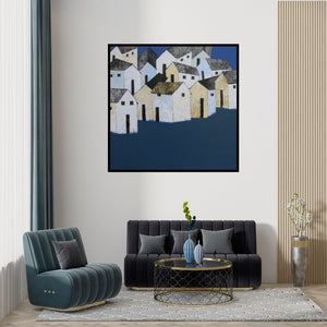 Preview of 'Village 7' Painting by Nagesh Ghodke shown on a wall in a furnished room.