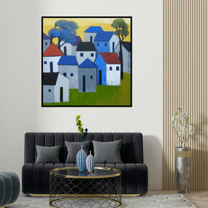 Nagesh Ghodke's 'Village 76' painting visualized above a sofa in a contemporary room.