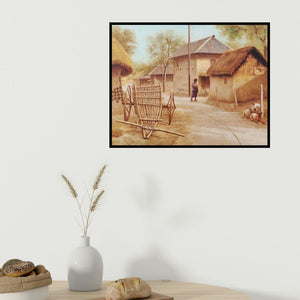 Arabinda Mukherjee's 'Village Afternoon' painting visualized above a sofa in a contemporary room.