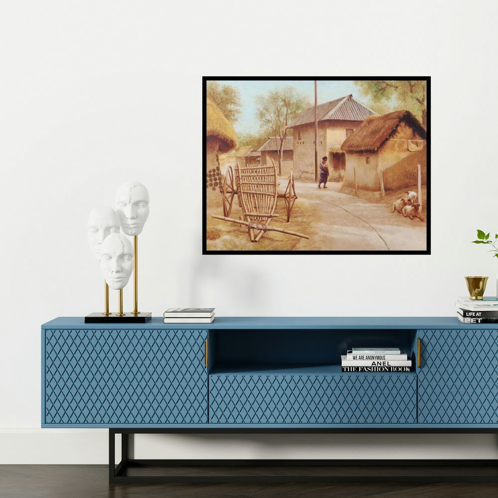 'Village Afternoon' painting by Arabinda Mukherjee shown on a wall in a furnished room.