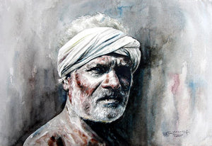 Village Farmer 3 by Srv Artist, Original Watercolor Figurative Painting on Handmade Paper, Small Horizontal Wall Art
