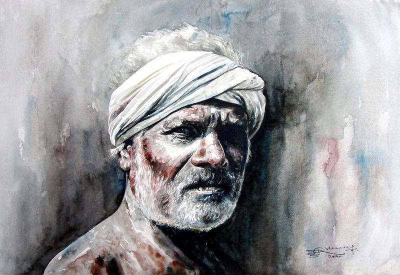 Figurative watercolor painting titled 'Village Farmer 3', 22x15 inches, by artist SRV ARTIST on Handmade Paper