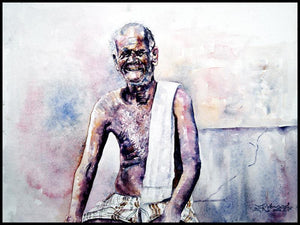 Village Farmer by Srv Artist, Original Watercolor Figurative Painting on Handmade Paper, Small Horizontal Wall Art