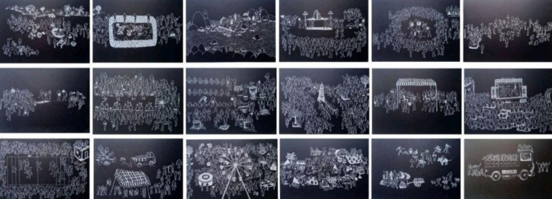 Village Festival' figurative mixed-media painting by artist Santosh Pattar, 24x66 inch, on paper