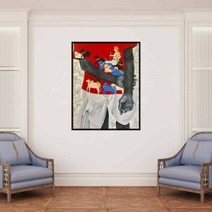 In-situ view of Laxman Aelay's 'Village Folk' painting in a room