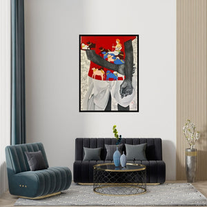 Preview of 'Village Folk' Painting by Laxman Aelay shown on a wall in a furnished room.