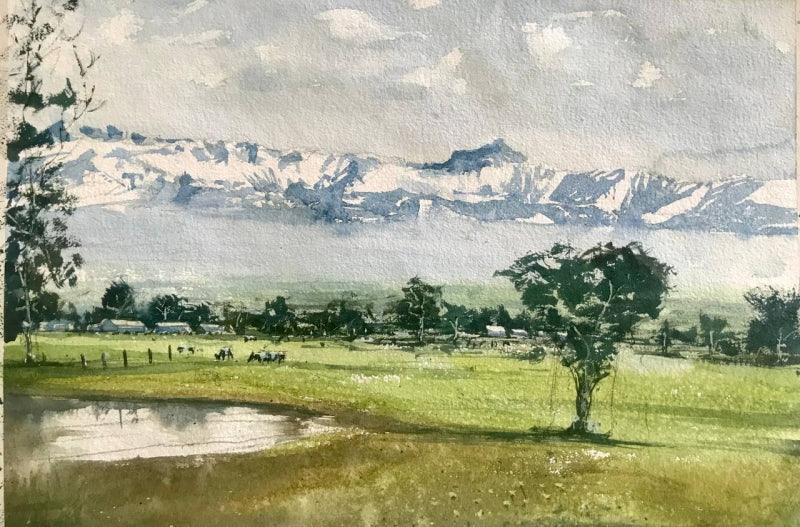 Landscape watercolor painting titled 'Village from Himalaya', 14x20 inches, by artist KS Farvez on Paper