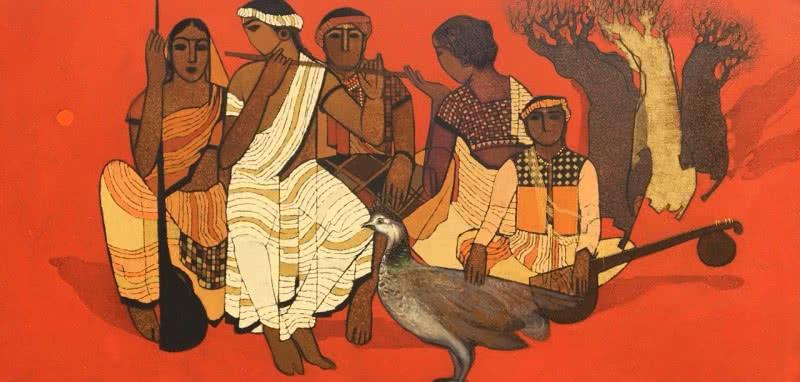 Figurative acrylic painting titled 'Village Group', 24x48 inches, by artist Siddharth Shingade on Canvas