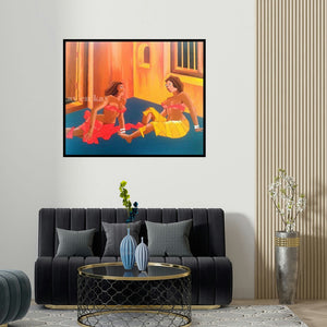 'Village Harlots' painting by Narayanankutty Kasthuril shown on a wall in a furnished room.