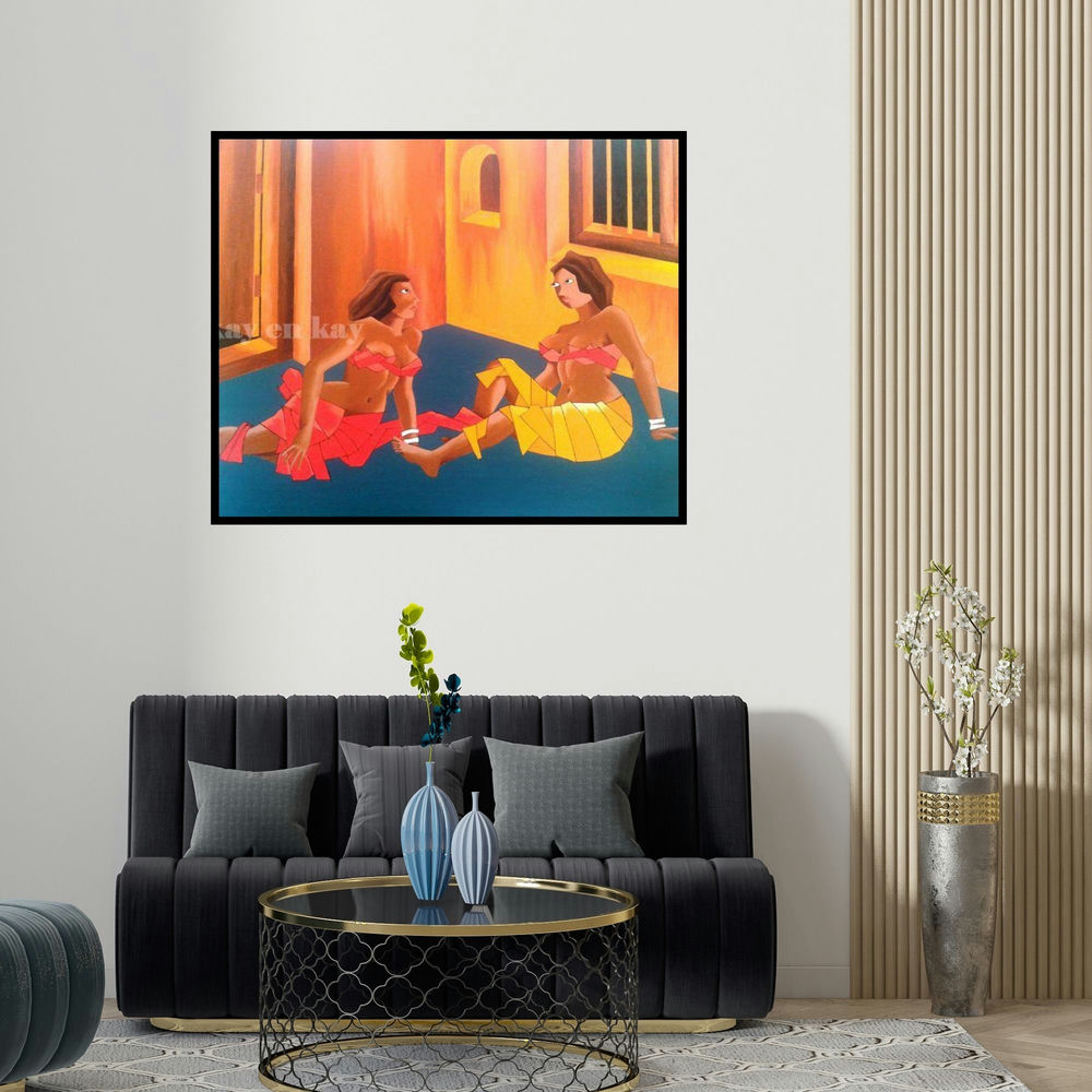 'Village Harlots' painting by Narayanankutty Kasthuril shown on a wall in a furnished room.