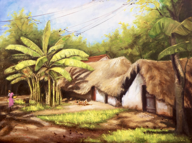 Village House' landscape oil painting by artist Sriram Chinnadurai, 30x40 inch, on canvas