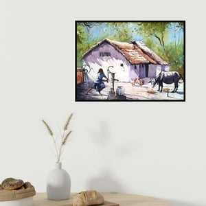 Amit Kapoor's 'Village House' painting visualized above a sofa in a contemporary room.