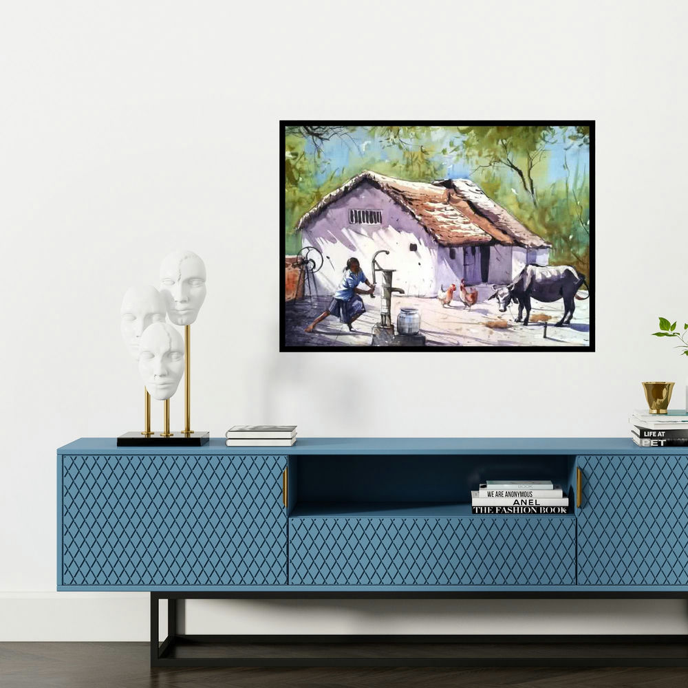 'Village House' painting by Amit Kapoor shown on a wall in a furnished room.