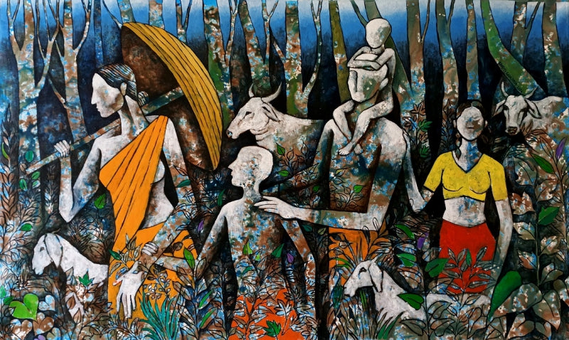 The Village Journey' figurative acrylic painting by artist Ranjith Raghupathy, 29x49 inch, on canvas