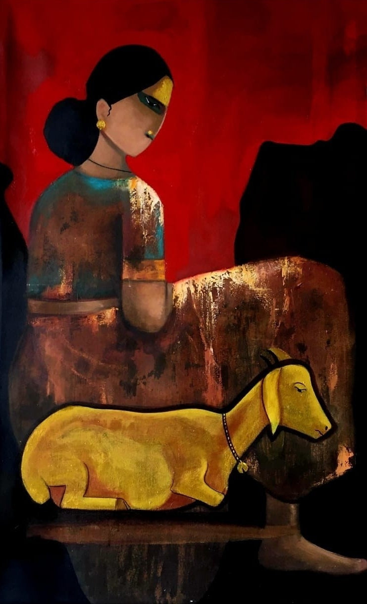 'Village Life' figurative mixed-media painting by artist Anuj Jagtap, 48x30 inch, on canvas