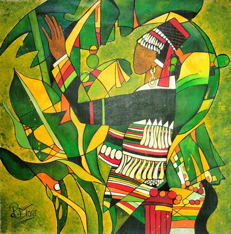 Figurative acrylic painting titled 'Village Life 2', 20x20 inches, by artist Paresh More on Canvas