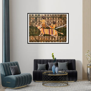 Preview of 'The Village Life (A Shared Ride)' Painting by Lakhan Singh Jat shown on a wall in a furnished room.