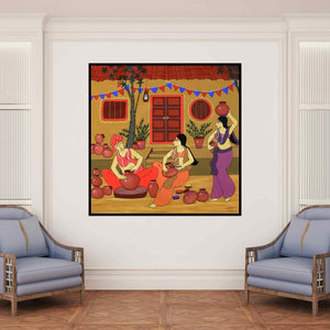 In-situ view of Chetan Katigar's 'Village Life (A Day in the Village)' painting in a room